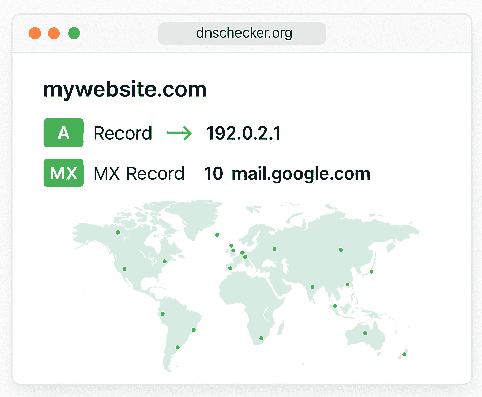 Amazon Route 53 DNS test results for 2025, showing successful A and MX record propagation for mywebsite.com.